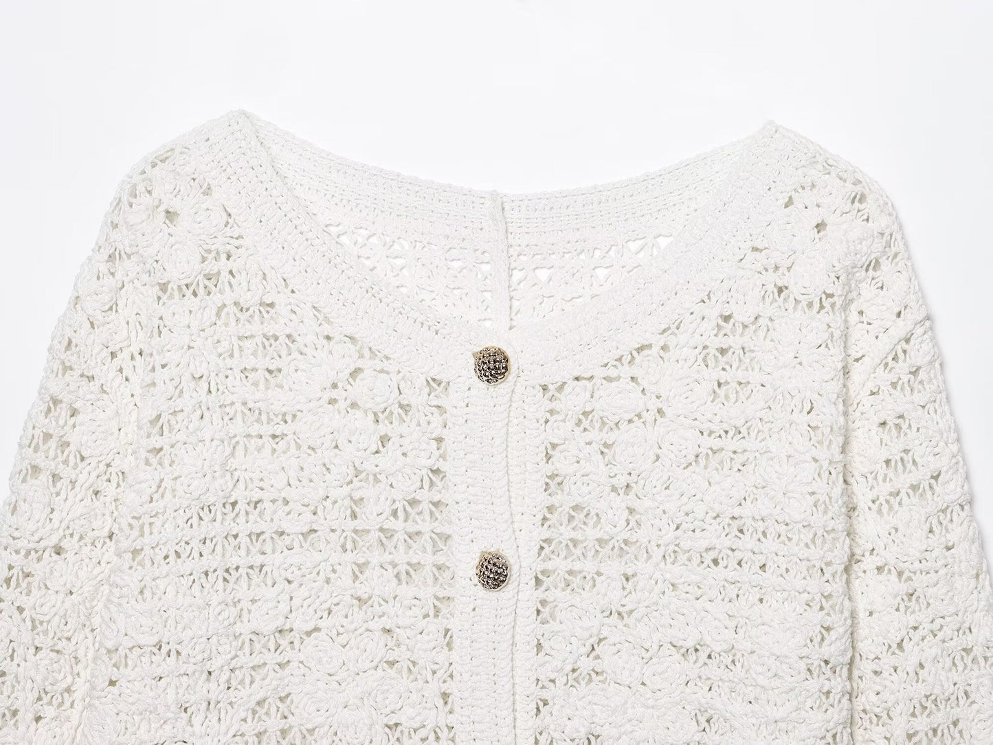Women's New Fashion breasted decorative long sleeved crocheted knitted top