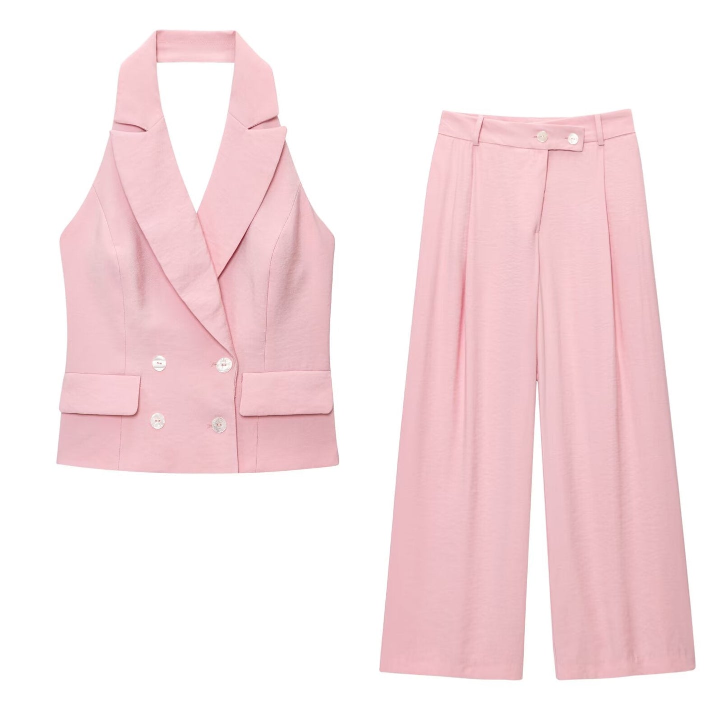 Women's new fashion sleeveless double breasted halter neck vest +Pants suit
