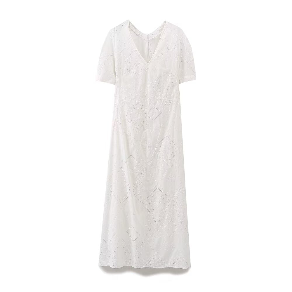 Women's new fashion short sleeved V-neck hollow embroidery MIDI dress