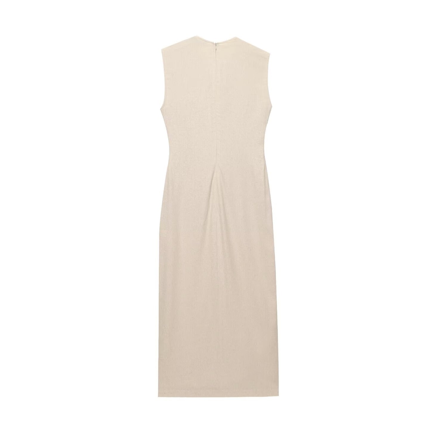 Women's new fashion buckle decoration sleeveless linen blended MIDI dress