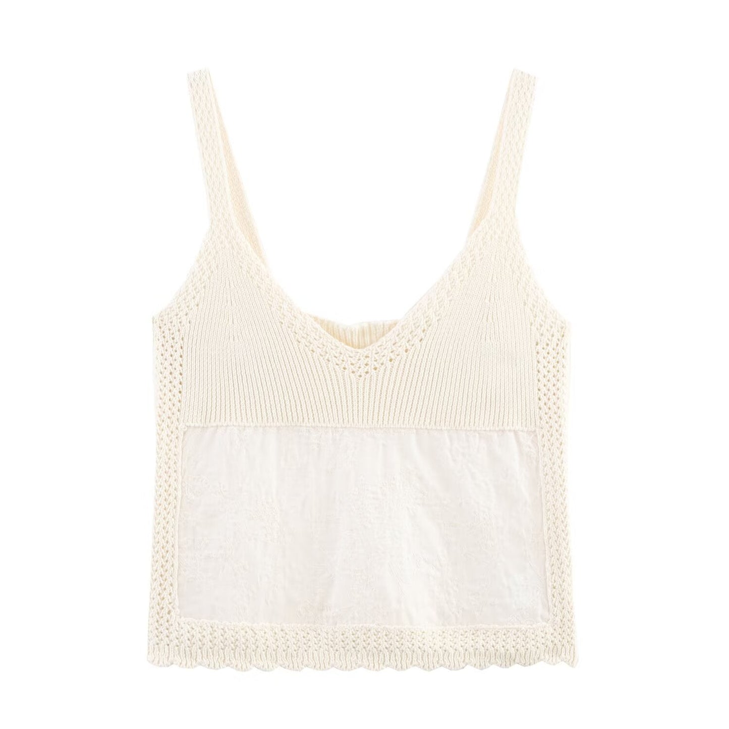 Women's New Fashion Embroidered Splicing Wide Shoulder Strap Knitted Top