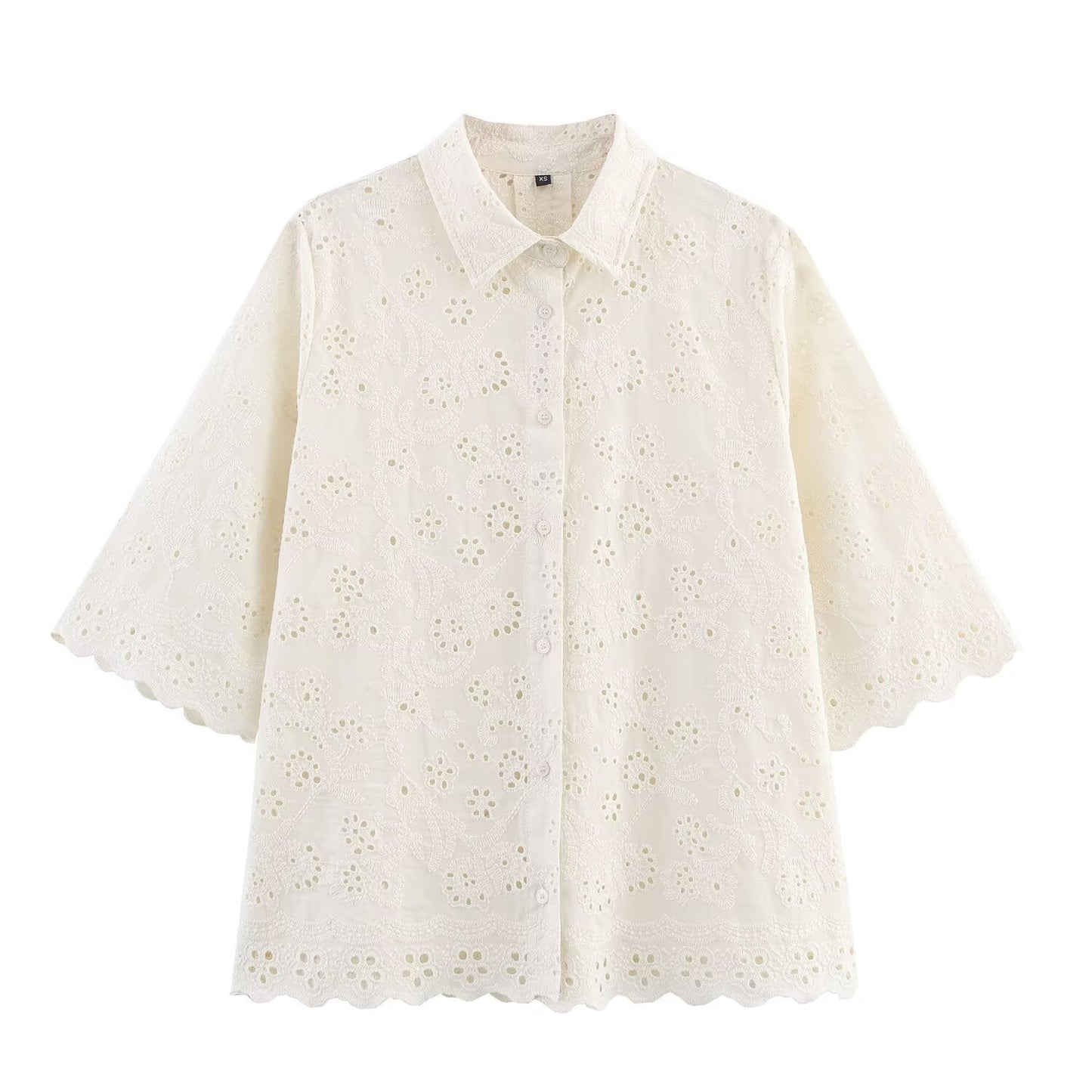 suit Women's 2 pieces New loose short sleeved hollow embroidered shirt + Pants suit