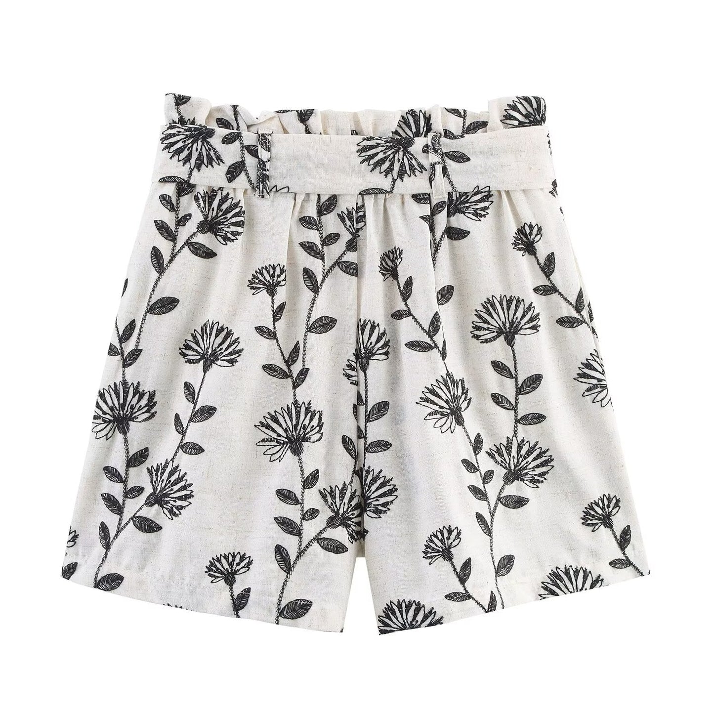 Women's New Fashion With Belt Embroidered Paper Bag Style Casual Shorts