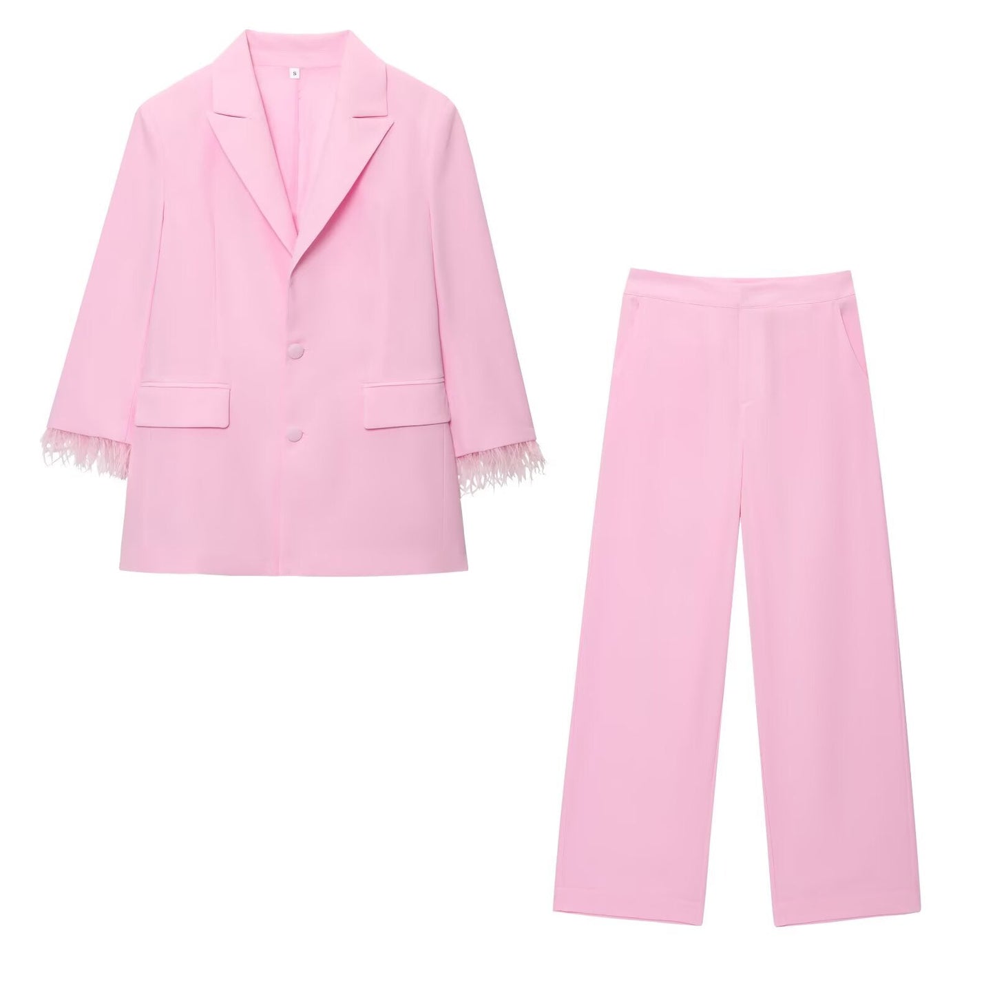 set Women's 2 pieces new fashion Feathered Cuff Casual Single breasted Suit Coat+Pants Suit