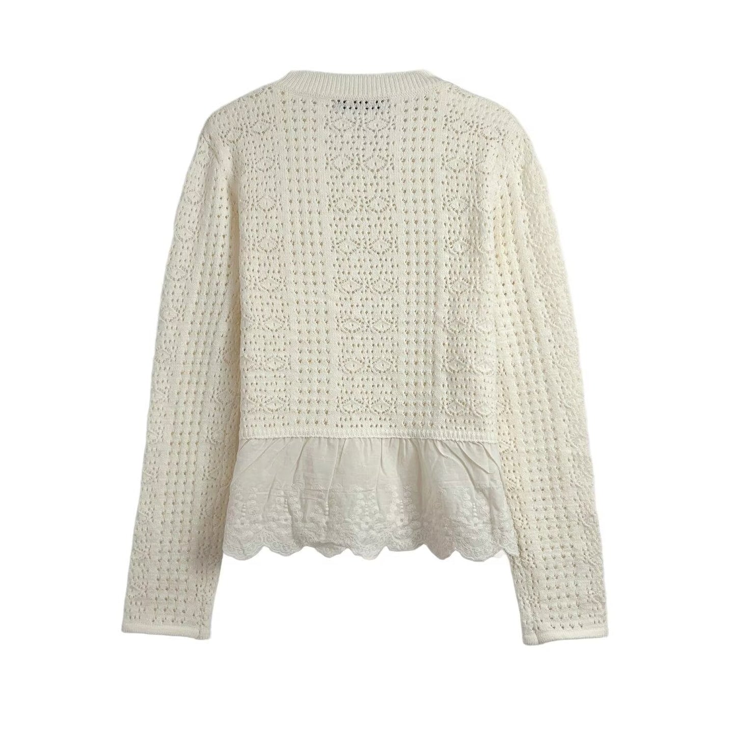Women's New Fashion embroidered hem Hollow Splicing Knitted Cardigan