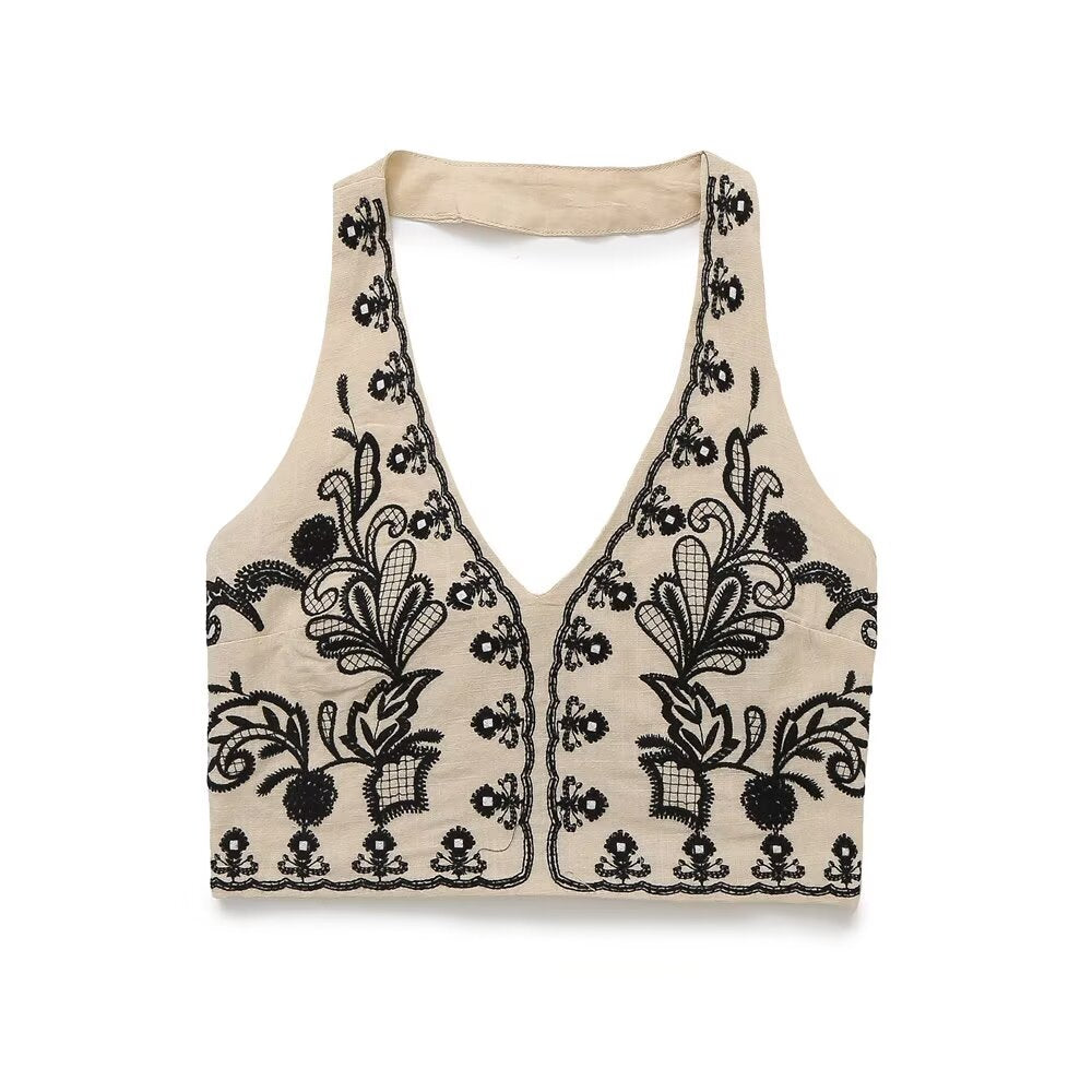 Women's new fashion short embroidered hanging collar top+Skirts suit