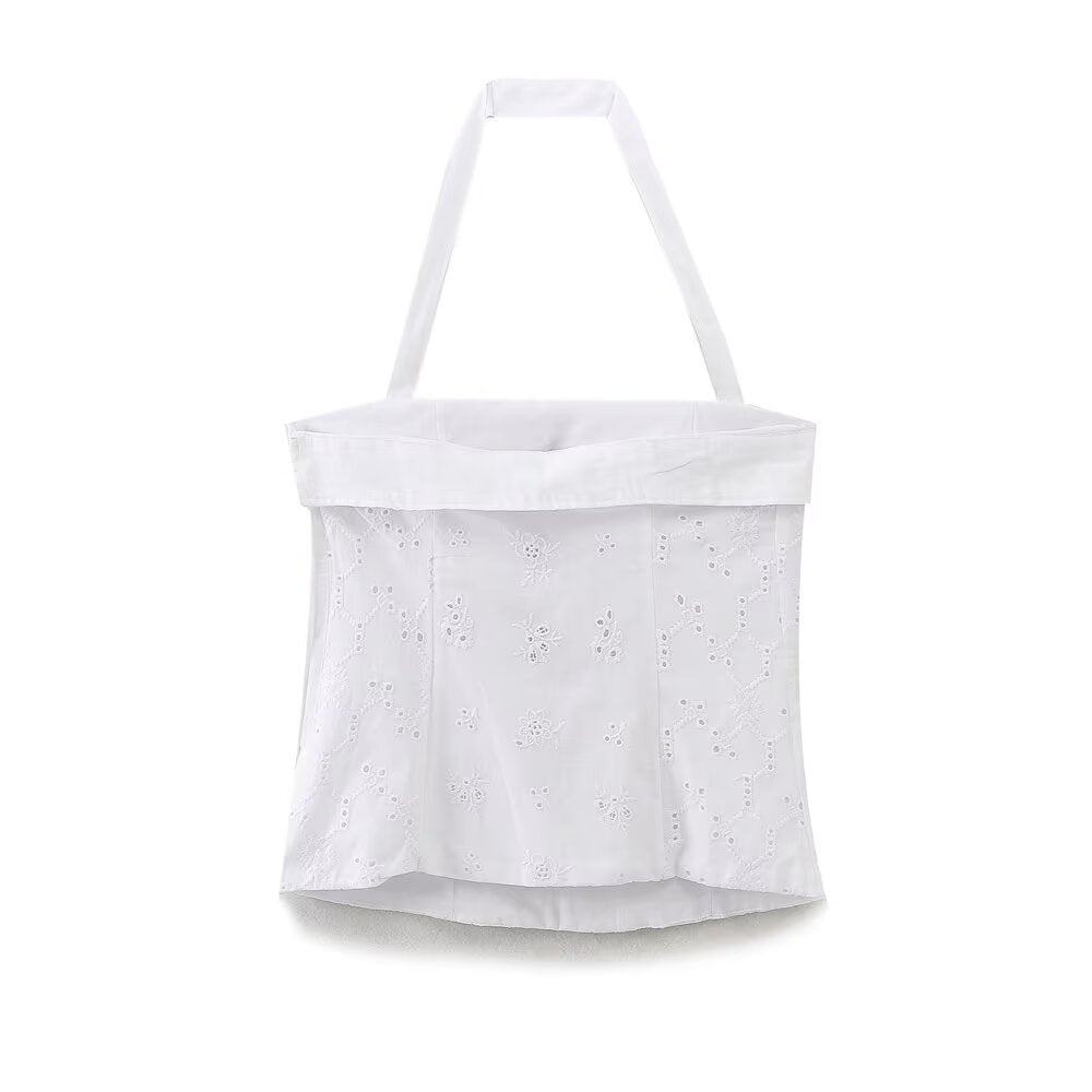 Women's new fashion slim embroidered poplin hanging neck collar top