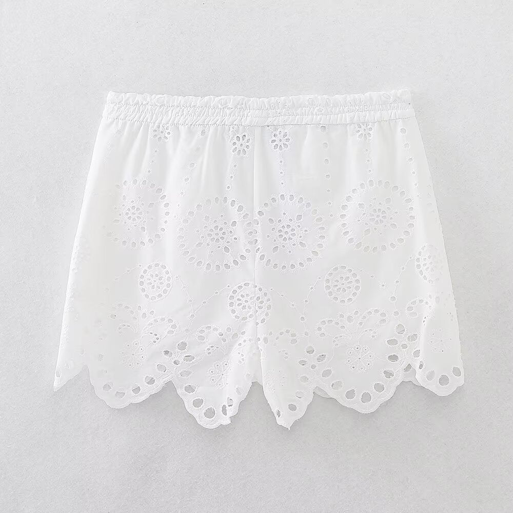 suit Women's 2 pieces fashion hollow embroidery short sleeved shirt+Shorts suit