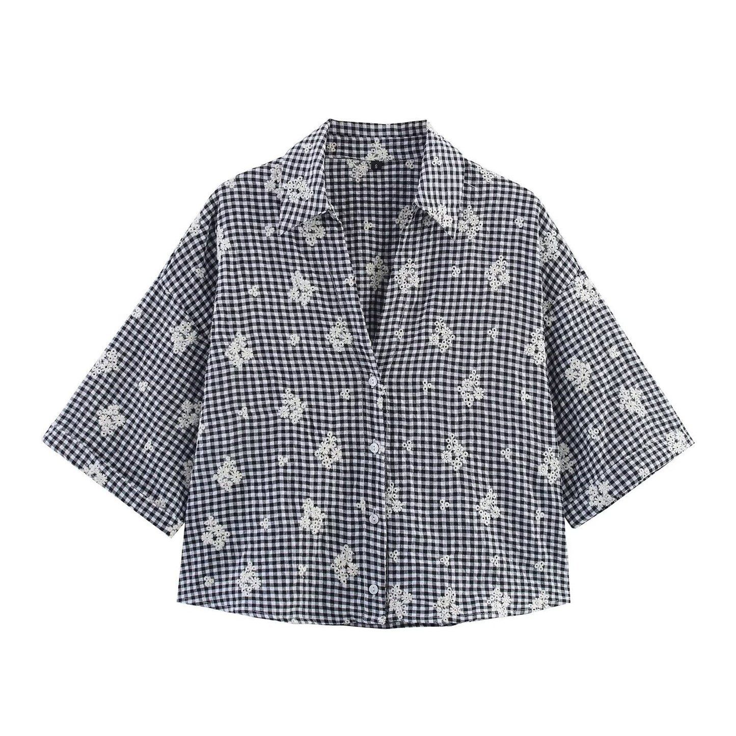 Women's new fashion short sleeved embroidered Plaid shirt+Pants suit