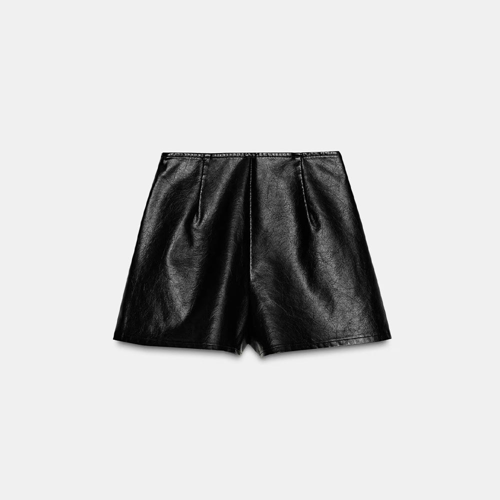 Women's new fashion black Lapel Faux Leather jacket Coat + Shorts Skirts