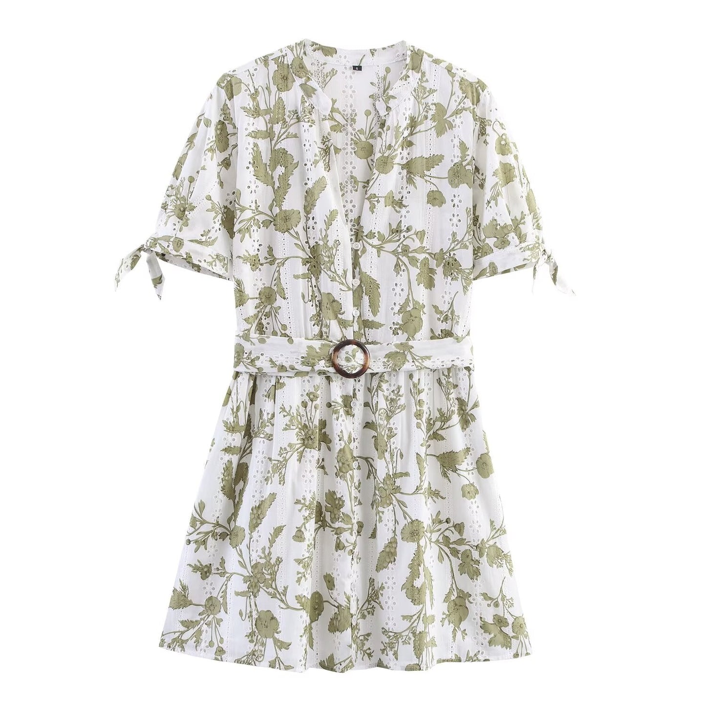 Women's New Fashion With Belt Hollow Embroidery Printed Mini Dress