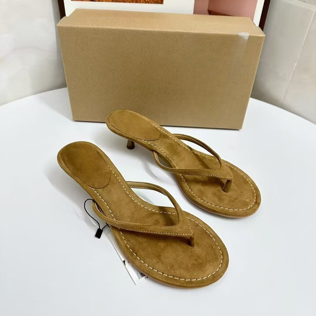 Women's New Fashion Joker Round Toe Heel Clip Toe Design High Heels Slippers.