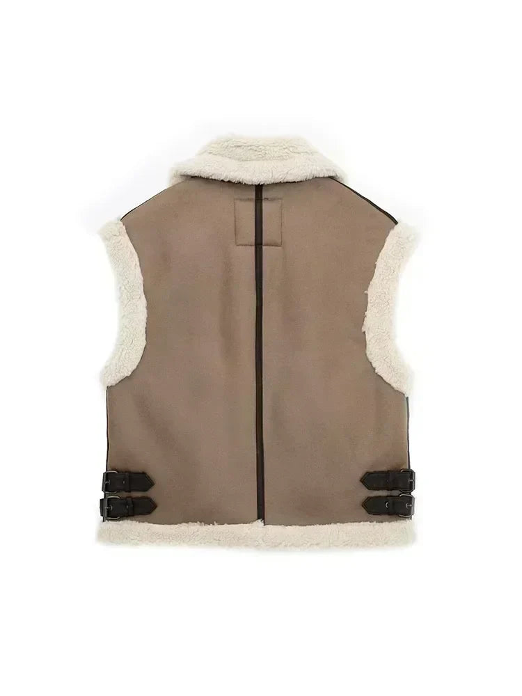 Women 2024 autumn New Fashion Fleece stitching vest Vintage Sleeveless Pockets Female Waistcoat Chic Tops