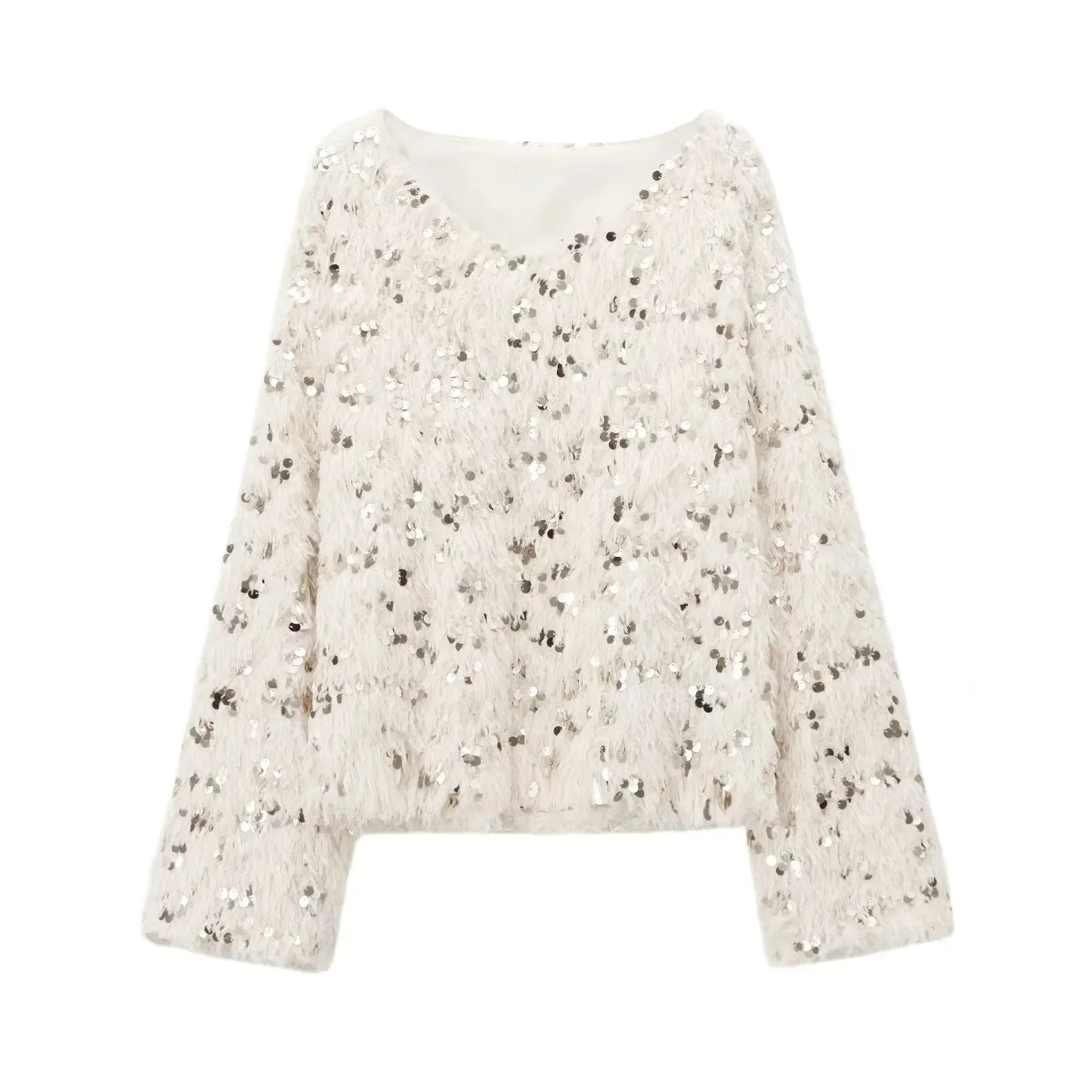 Women's new fashion feather sequin decoration loose casual V Neck knitted sweater retro long sleeved women's pullover chic top
