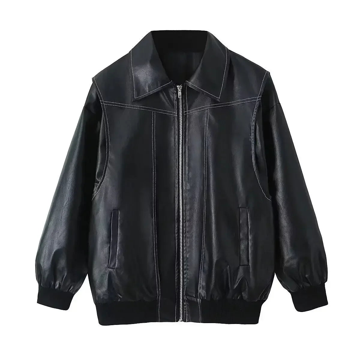 Women's new Fashion loose casual versatile retro imitation leather jacket coat long sleeved side pocket women's coat chic top