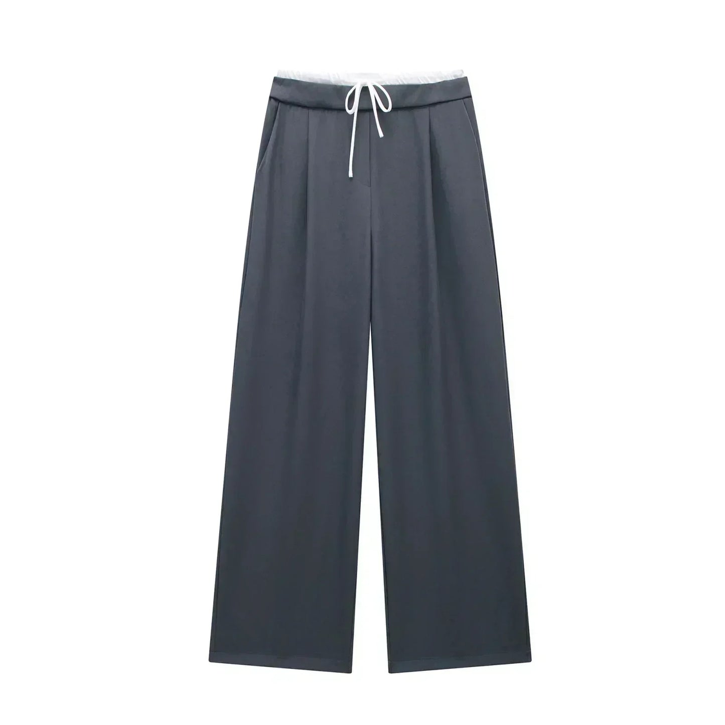 Women's New Fashion Pleated Splicing Design Loose Casual Wide Leg Pants Retro Elastic Waist Side Pockets Women's Pants