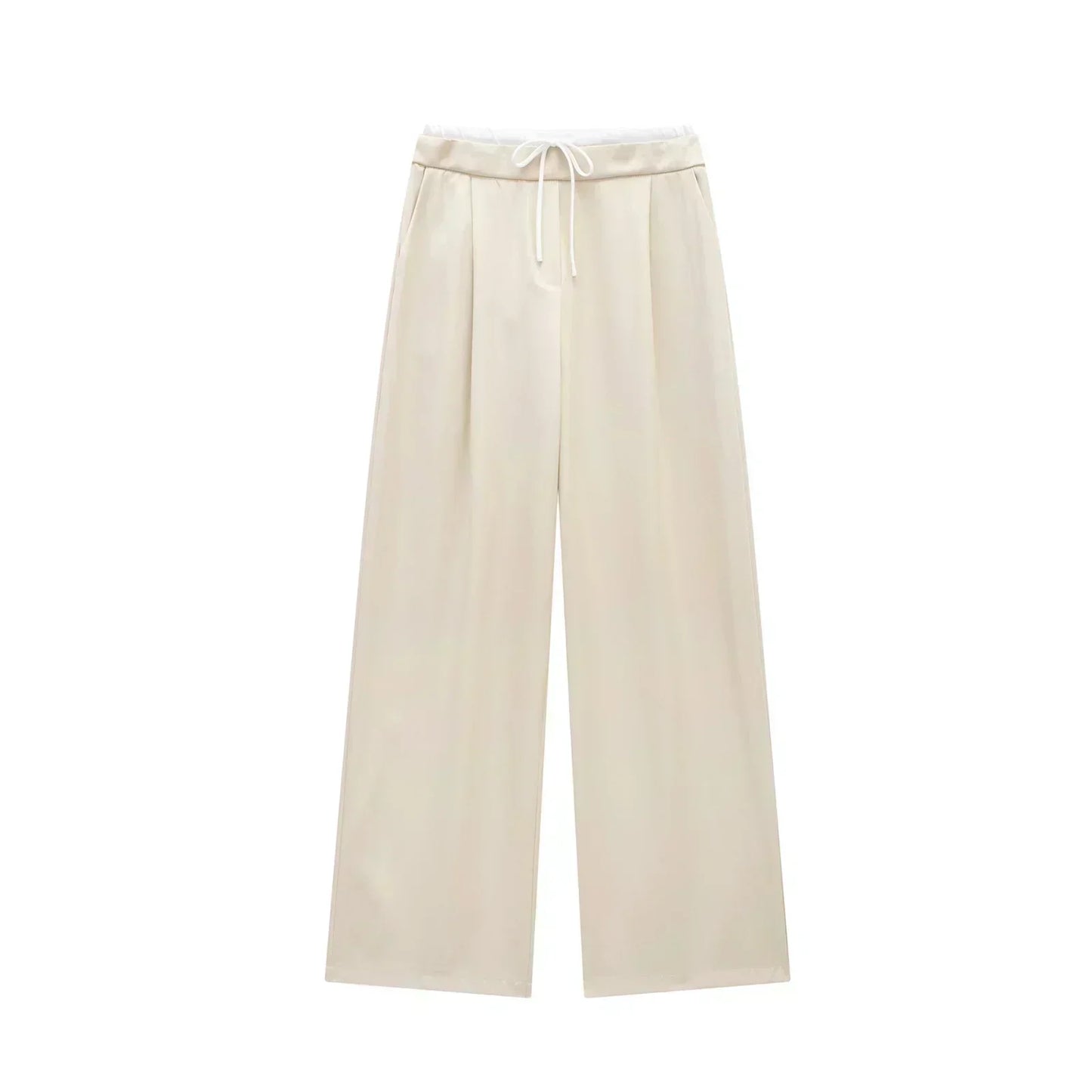 Women's New Fashion Pleated Splicing Design Loose Casual Wide Leg Pants Retro Elastic Waist Side Pockets Women's Pants