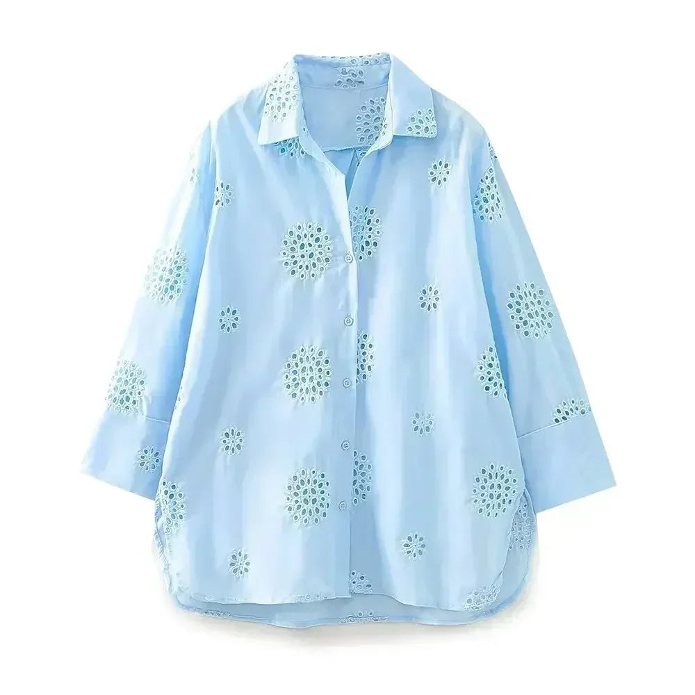 Women's New Fashion Hollow Embroidery Decoration Loose Asymmetric Shirt Retro Long Sleeve Button Women's Shirt Unique Top