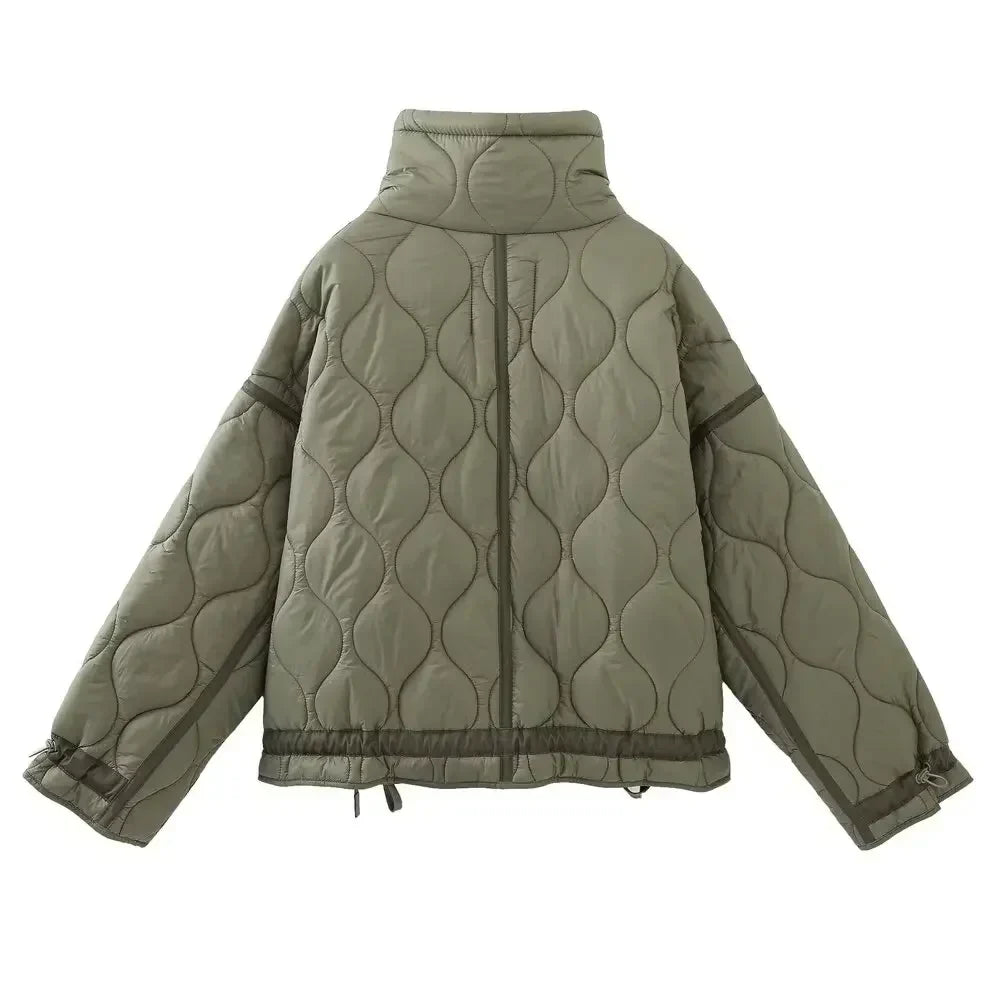 Women's winter fashion drawstring pocket decoration loose stand Neck cotton jacket Coat retro long sleeved women's coat chic top