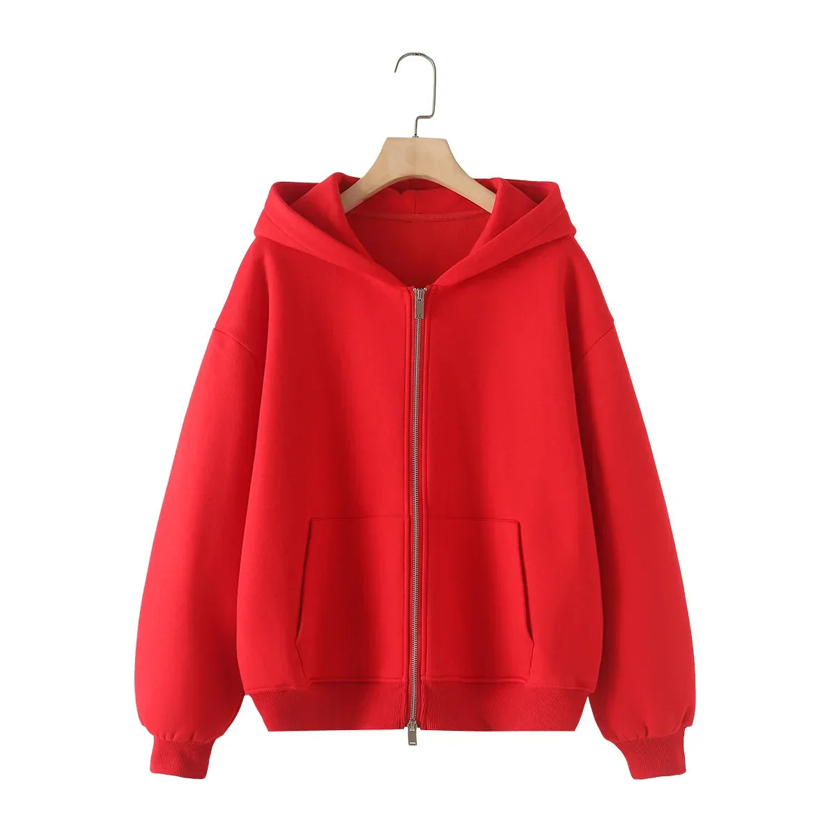 Ladies' new fashion zipper decoration loose cotton blend hooded sweatshirt Retro long sleeved pocket women's pullover chic top