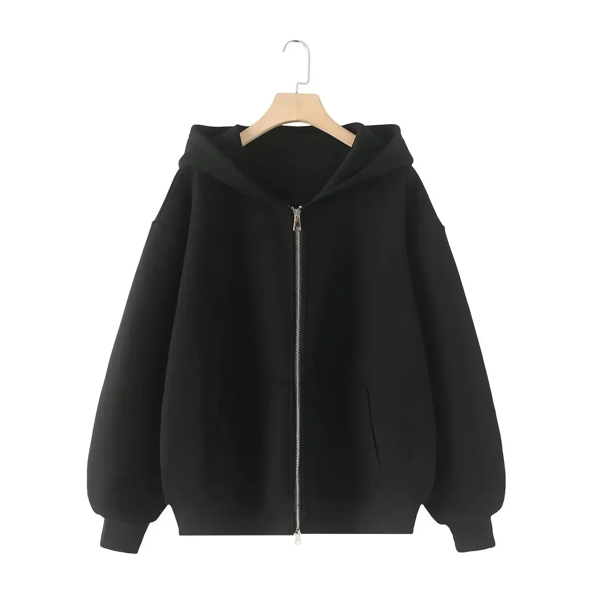 Ladies' new fashion zipper decoration loose cotton blend hooded sweatshirt Retro long sleeved pocket women's pullover chic top
