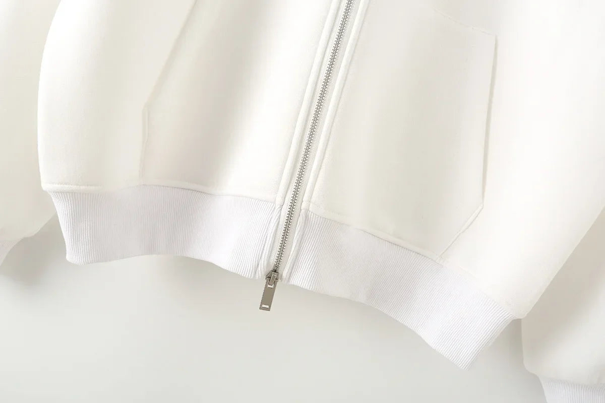 Ladies' new fashion zipper decoration loose cotton blend hooded sweatshirt Retro long sleeved pocket women's pullover chic top