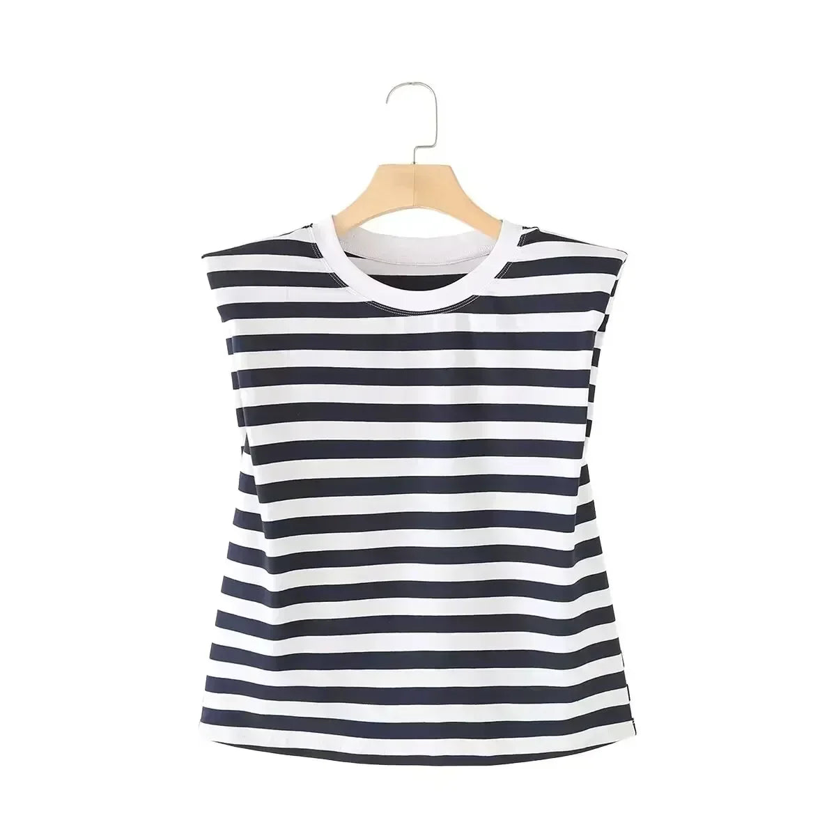 Women's New Fashion Shoulder Cushion Design Loose O Neck Casual Stripe T-shirt Top Retro Sleeveless Women's T-shirt