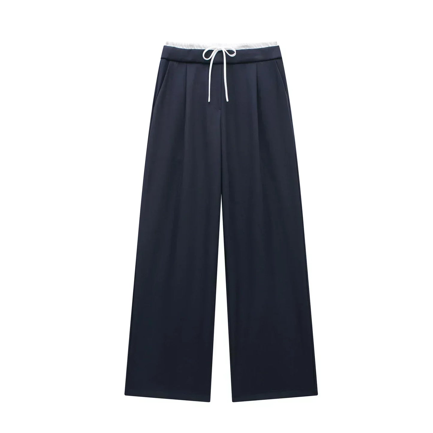 Women's New Fashion Pleated Splicing Design Loose Casual Wide Leg Pants Retro Elastic Waist Side Pockets Women's Pants