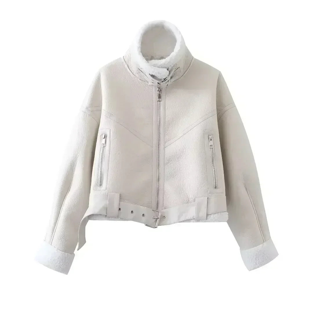 Women New Fashion With belt Cropped Fur Faux Leather Locomotive style Jacket Coat Vintage Long Sleeve Female Outerwear Chic Tops