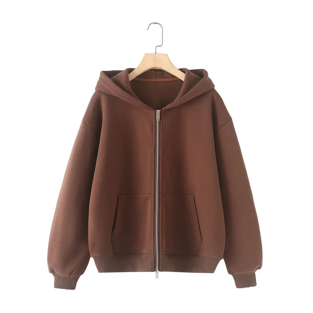 Ladies' new fashion zipper decoration loose cotton blend hooded sweatshirt Retro long sleeved pocket women's pullover chic top
