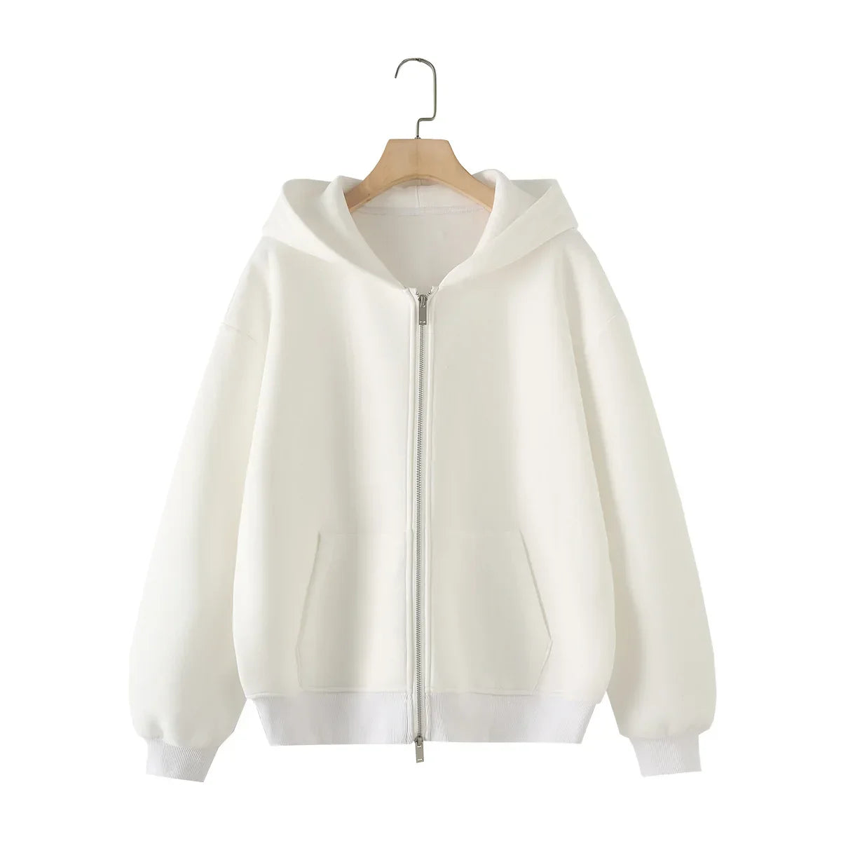 Ladies' new fashion zipper decoration loose cotton blend hooded sweatshirt Retro long sleeved pocket women's pullover chic top