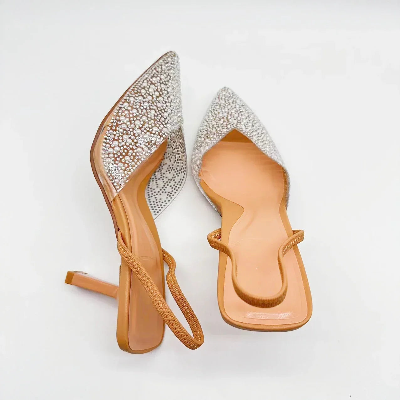 New 2024 Women's Shoes Brown Artificial Pearls With High Heels and Pointed Shoes Sandals Women