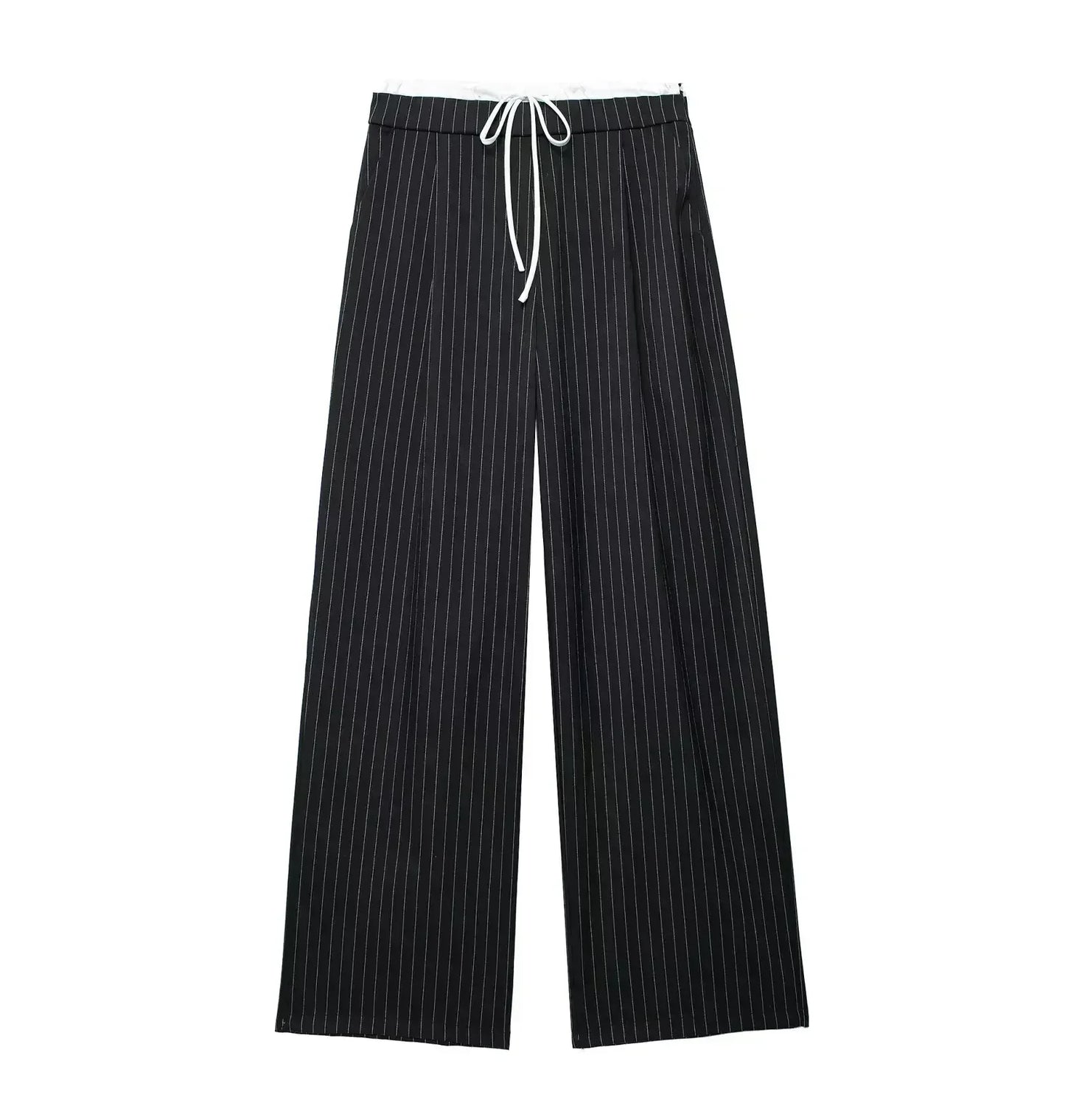 Women's New Fashion Pleated Splicing Design Loose Casual Wide Leg Pants Retro Elastic Waist Side Pockets Women's Pants