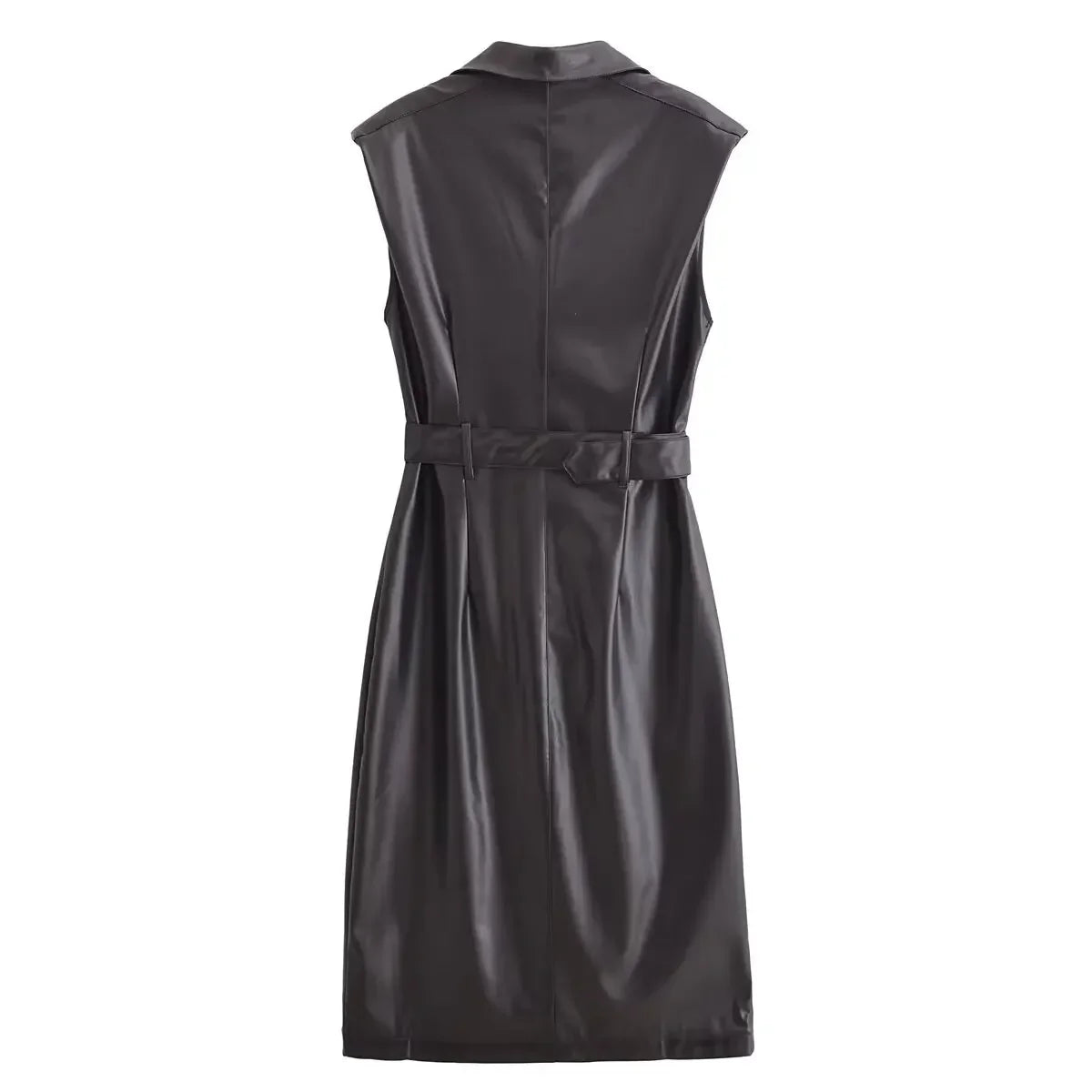 Women's New Fashion With Belt Black Windbreaker Style Double breasted Faux Leather Midi Dress Retro Sleeveless Women's Dress