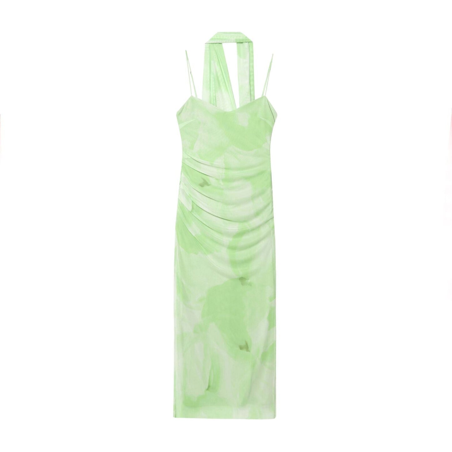Women's New Fashion scarf decoration tulle pleated suspended Midi dress