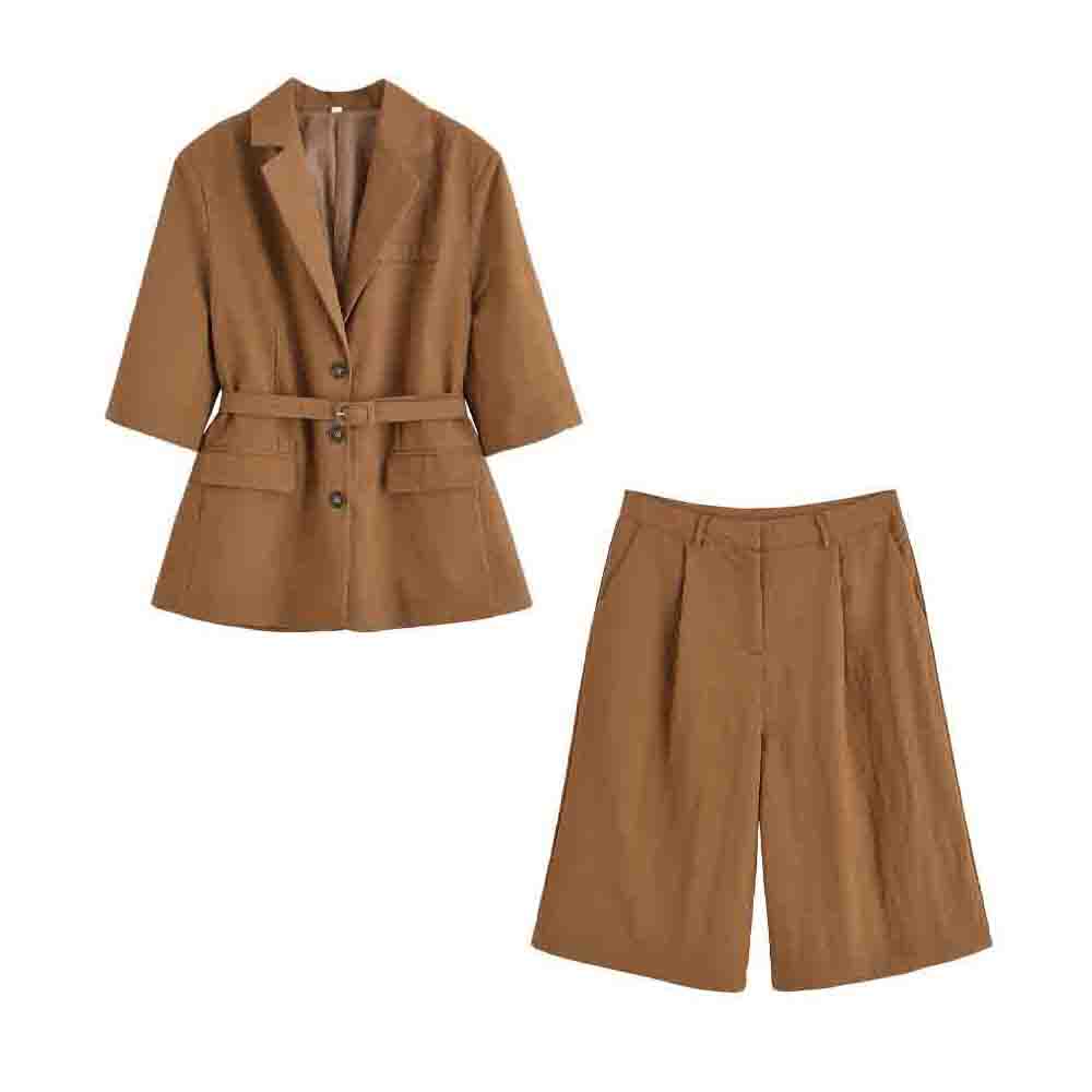 Women's new fashion with Belt five quarter sleeve button up suit coat+Shorts suit