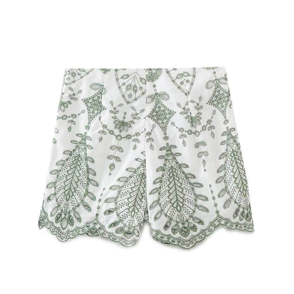 suit Women's 2 pieces new fashion short V-neck embroidered top+Shorts suit
