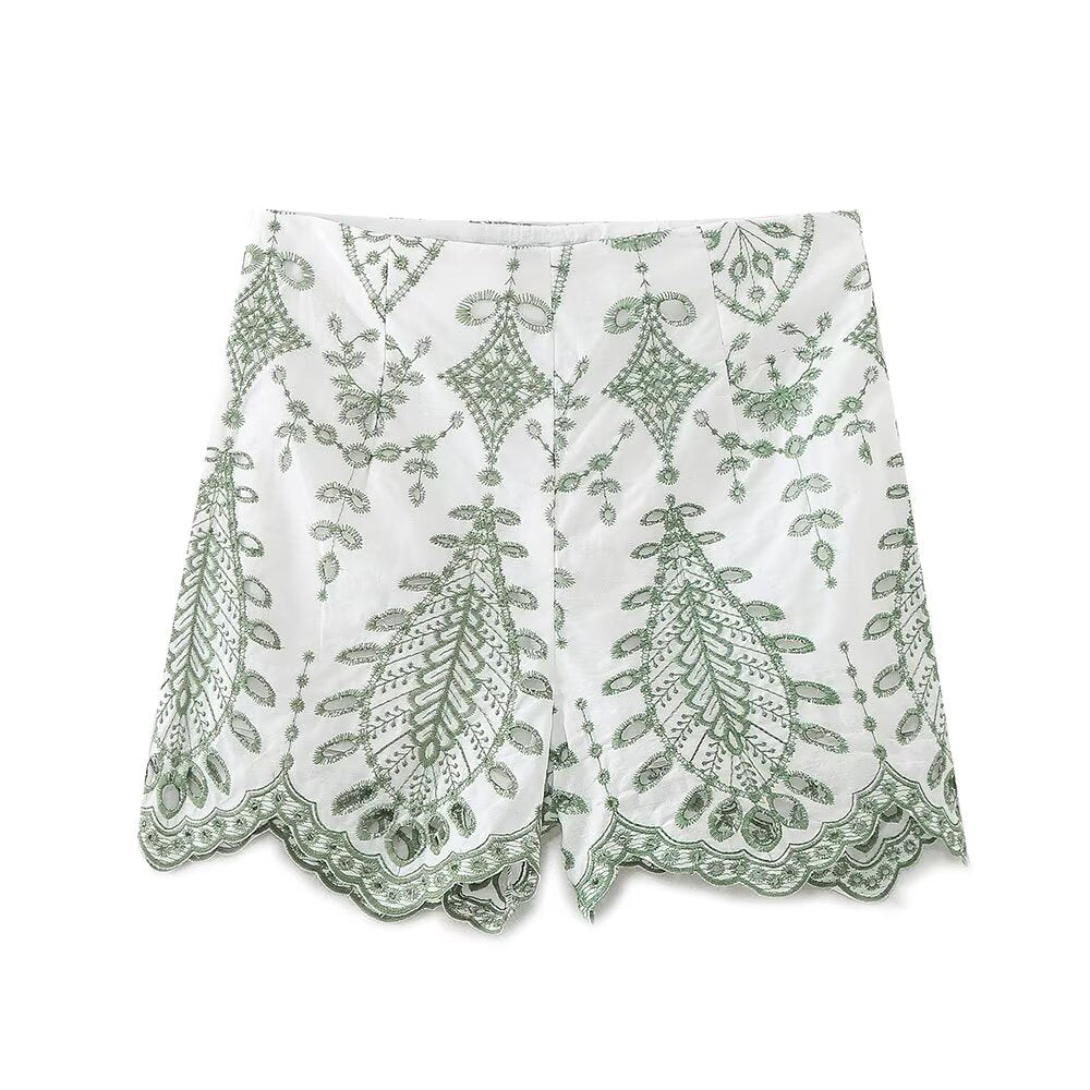 suit Women's 2 pieces new fashion short V-neck embroidered top+Shorts suit
