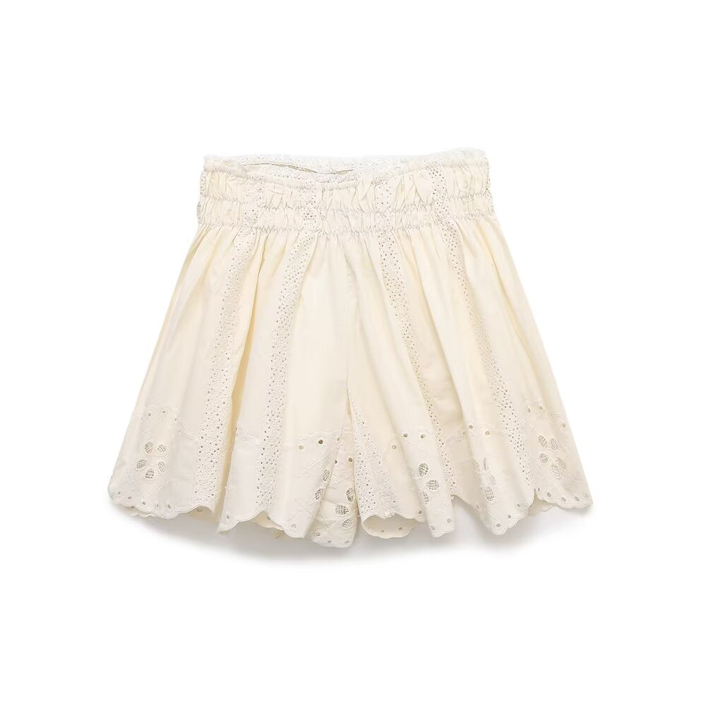 suit Women's 2 pieces new fashion hollow embroidery suspender top +shorts suit