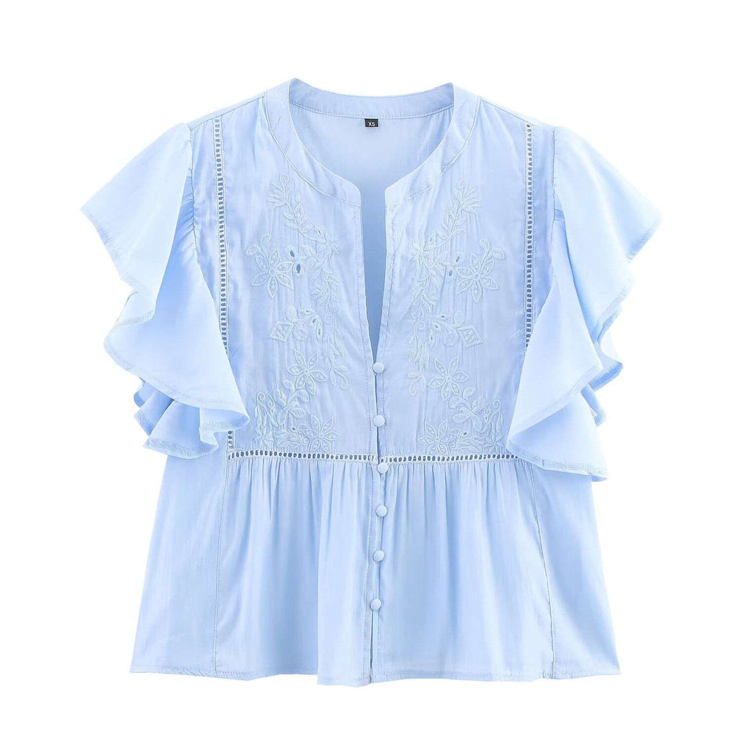 Women's new fashion layered decoration short sleeved embroidered shirt