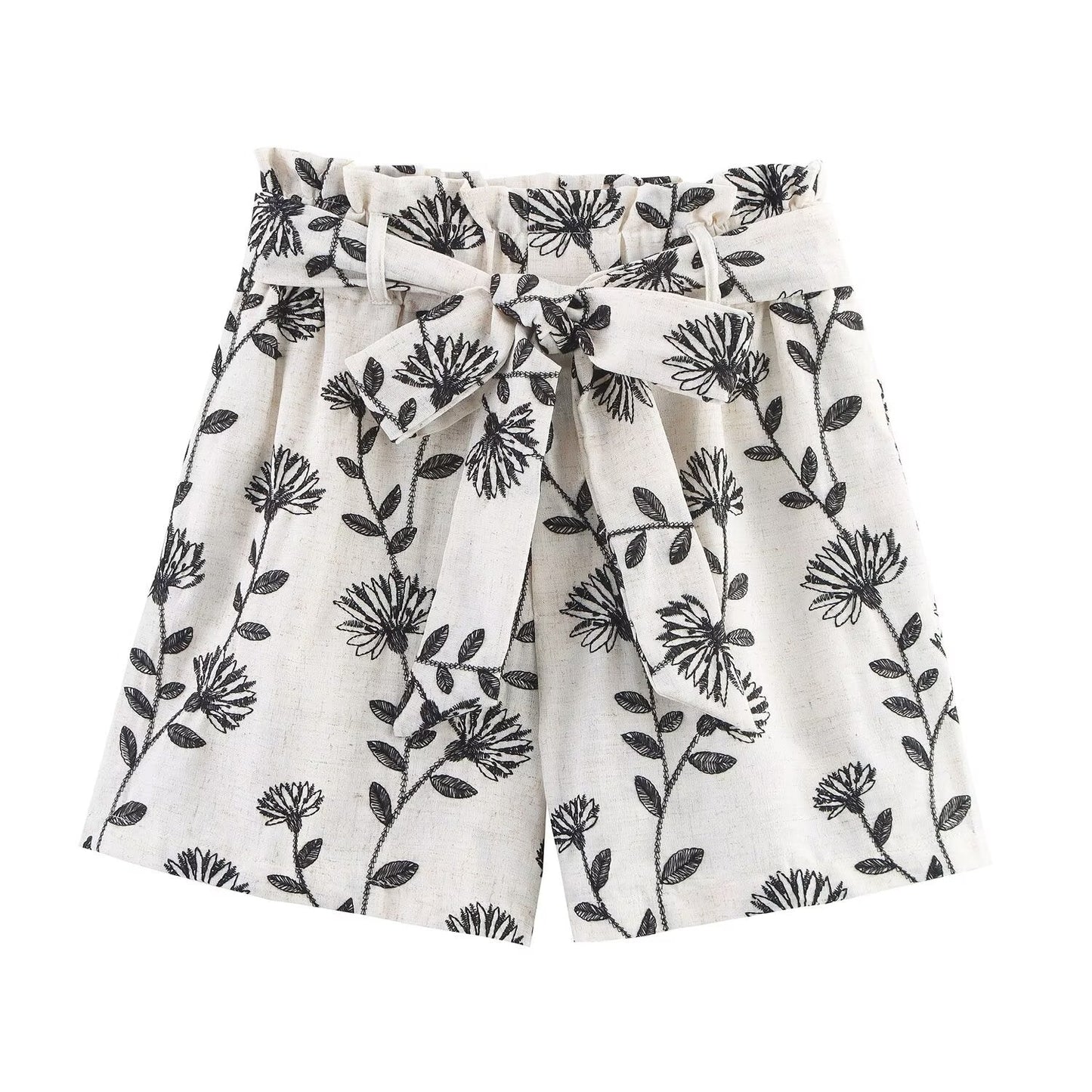 Women's New Fashion With Belt Embroidered Paper Bag Style Casual Shorts