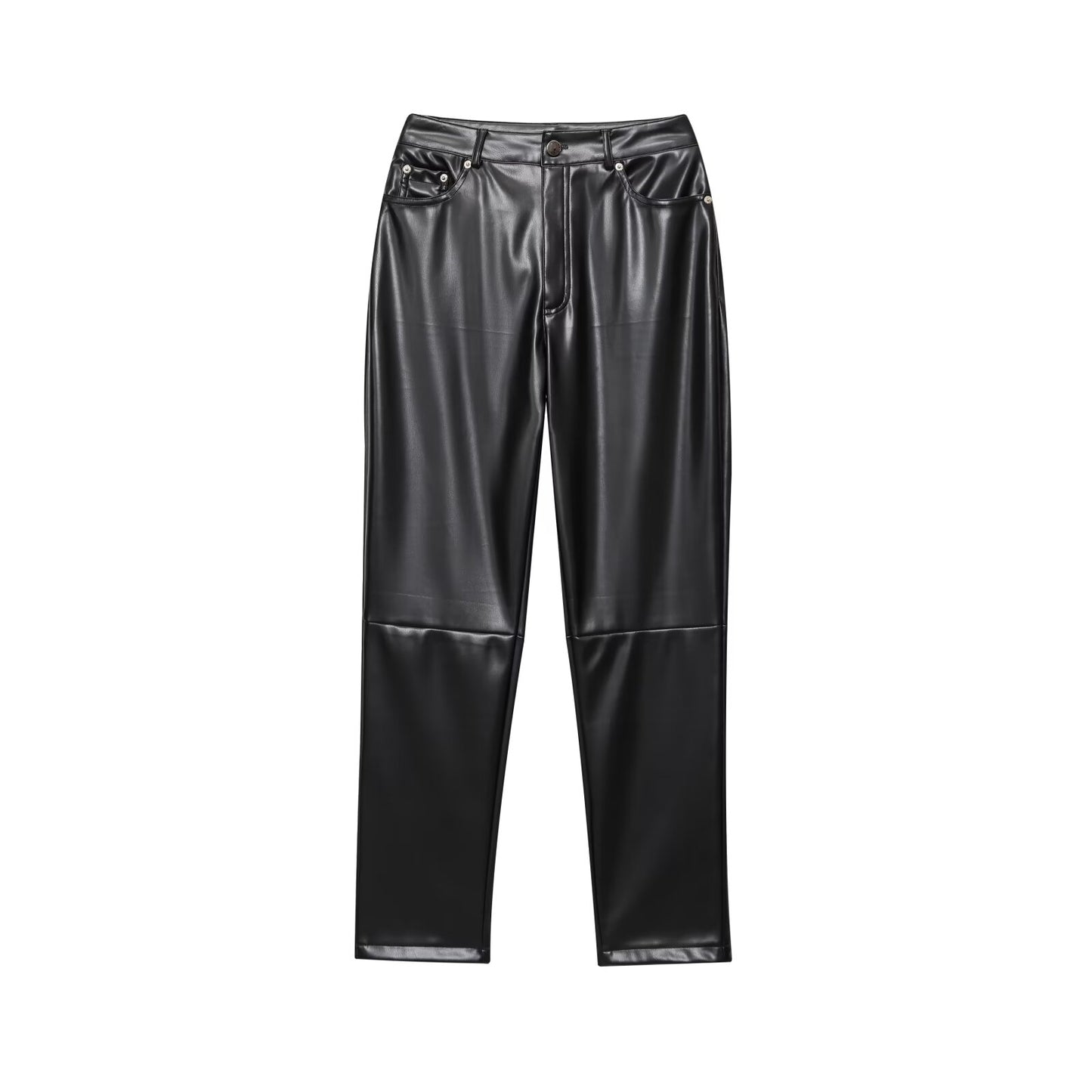Women's new fashion black stand collar Faux Leather jacket Coat+Pants suit