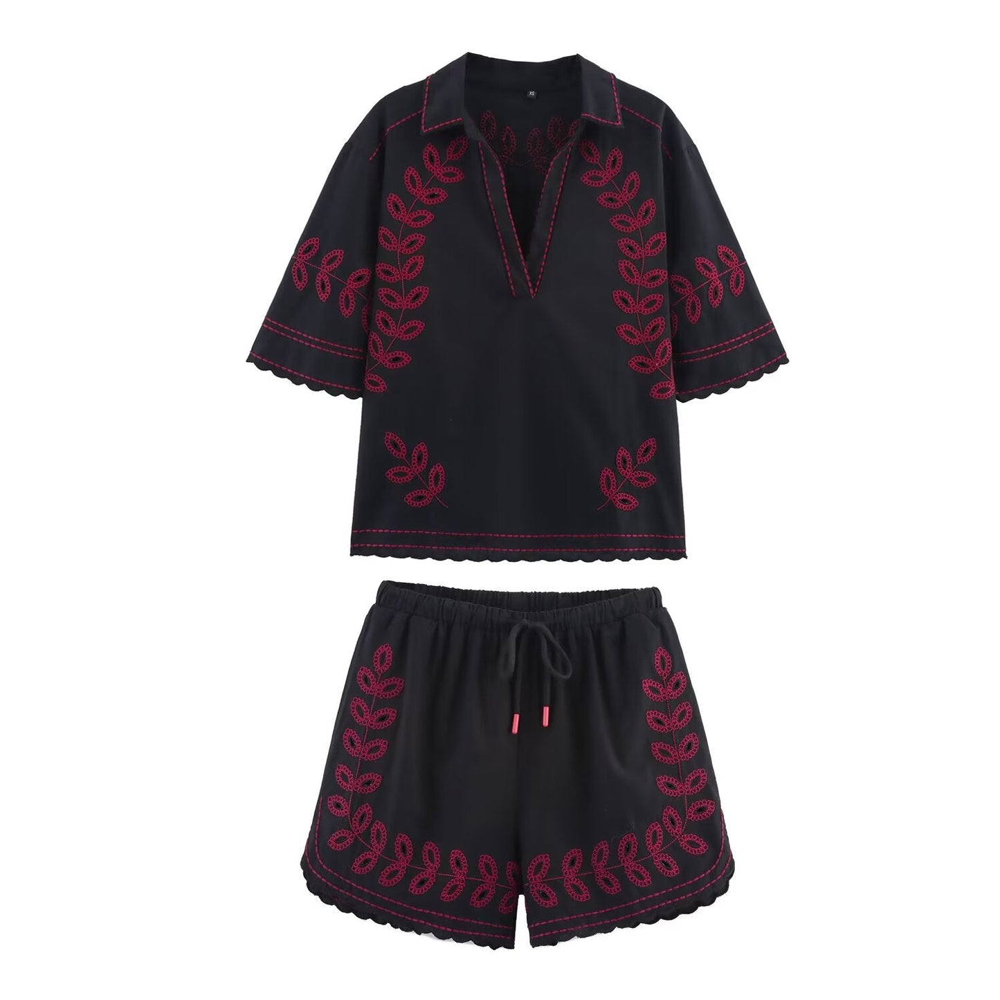 suit Women's 2 pieces new short sleeved lapel embroidered shirt+ Shorts suit