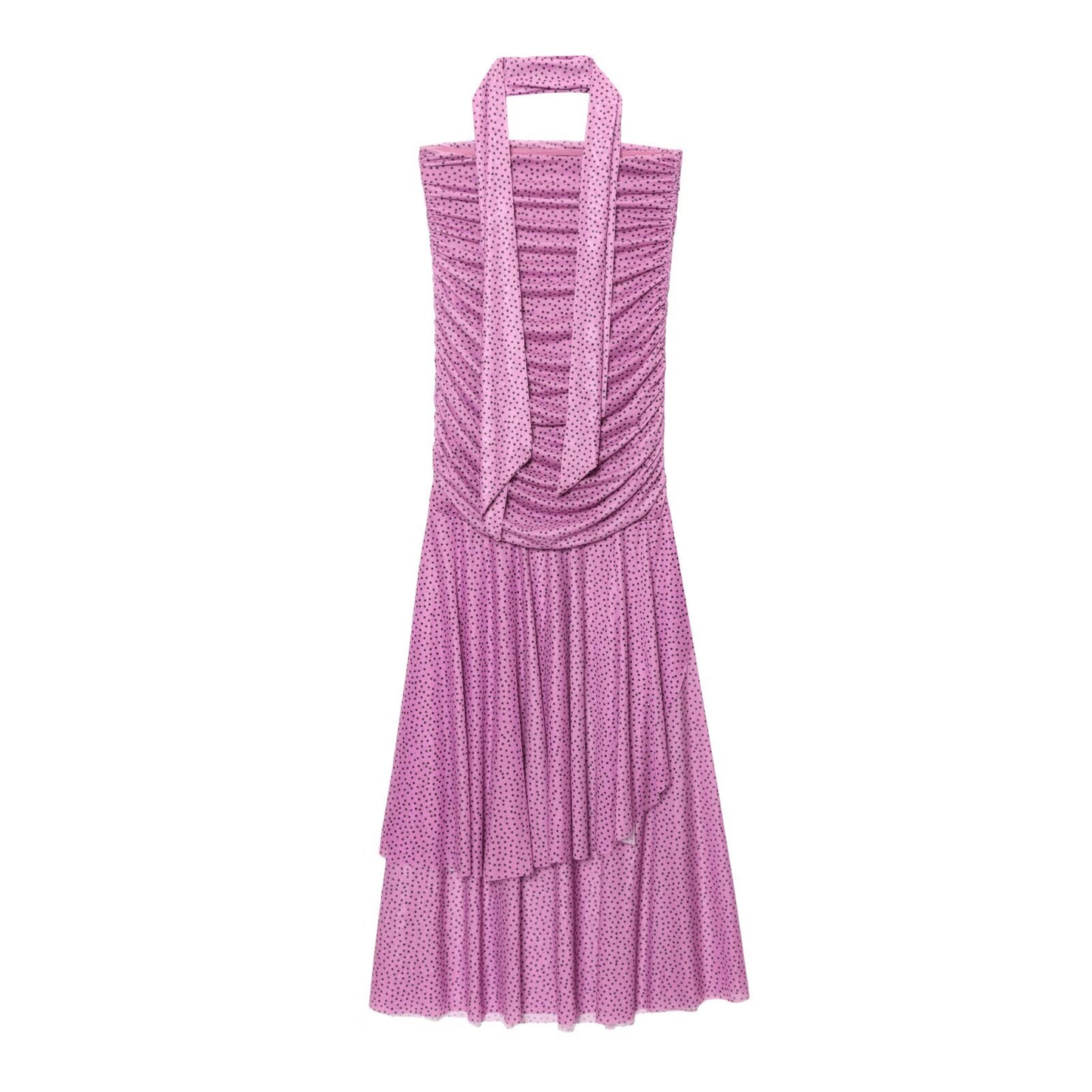 Women's New Fashion scarf decoration polka dot print strapless pleated MIDI dress