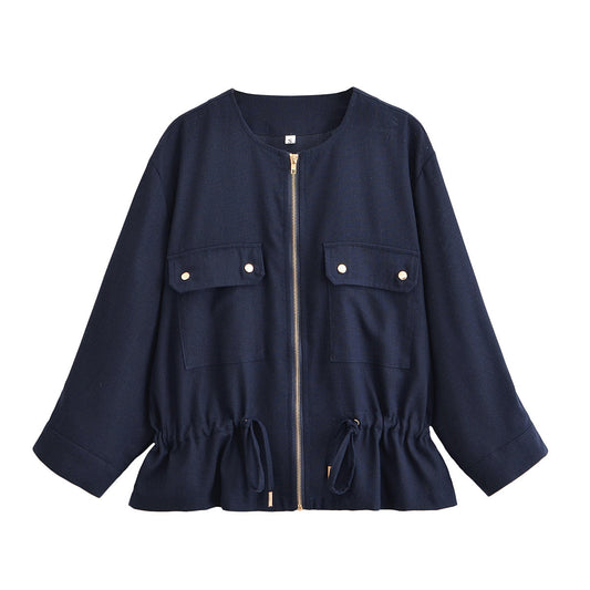 Women's new fashion with drawstring long sleeved linen blend jacket coat