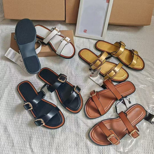 Women's New Fashion Casual Joker Double Flat Sandals Wearing Sandals Slippers.