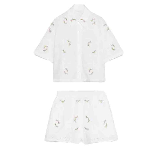 suit Women's 2 pieces new fashion short sleeved flower embroidered shirt+Shorts suit