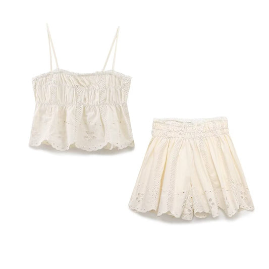 suit Women's 2 pieces new fashion hollow embroidery suspender top +shorts suit