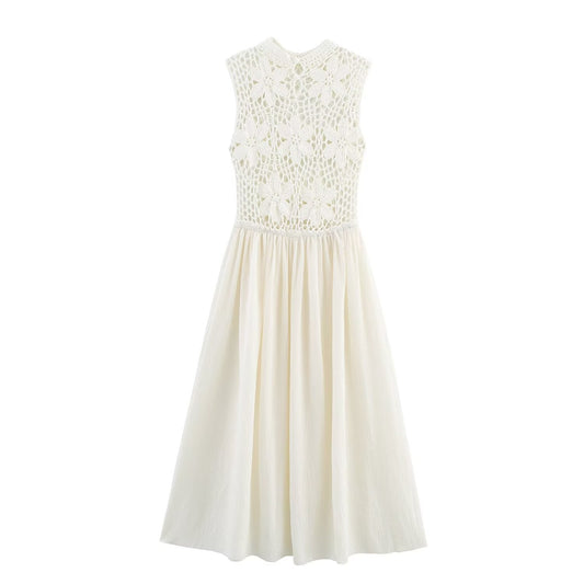 Women's new fashion Flower Embroidery Decoration Sleeveless Splicing Midi Dress