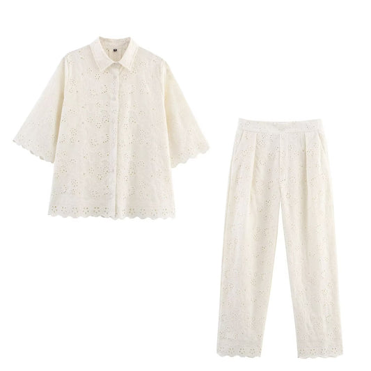suit Women's 2 pieces New loose short sleeved hollow embroidered shirt + Pants suit